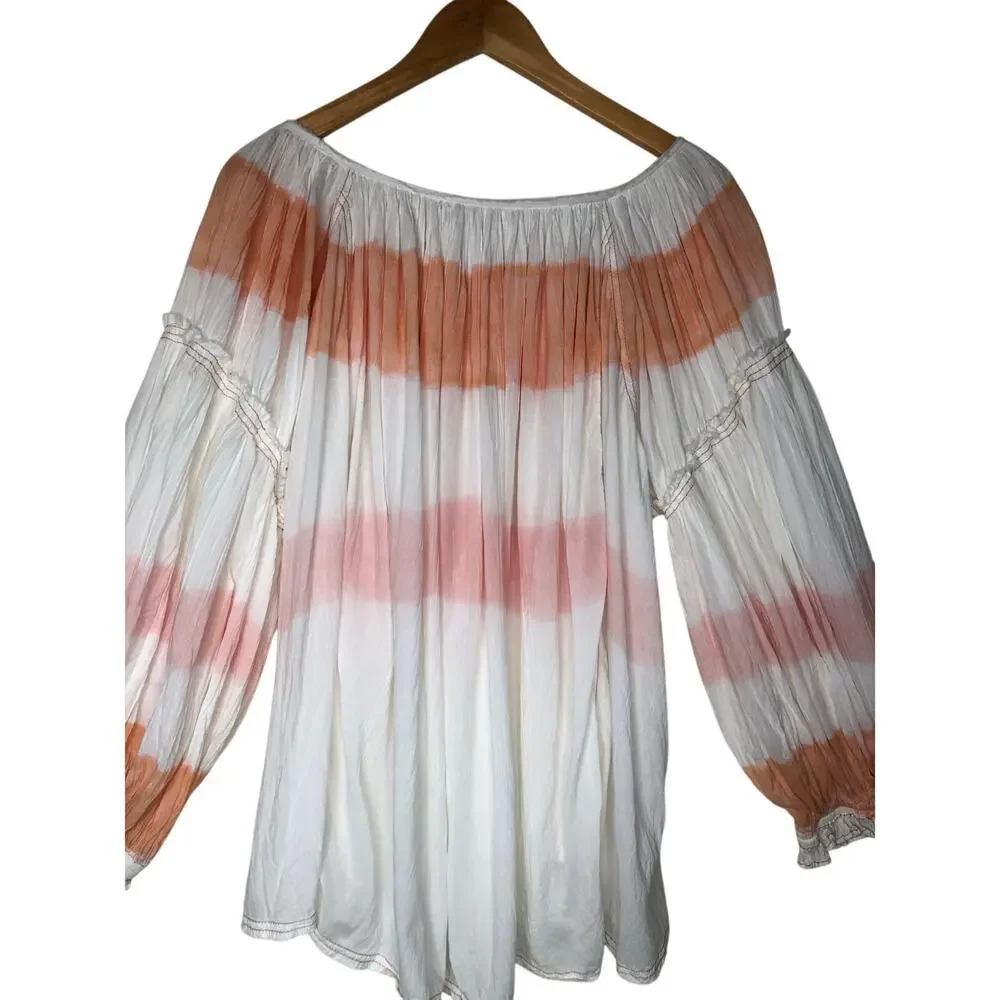 We The Free Sweet Stripe Orange and White Balloon Sleeve Boho Oversized Blouse - Picture 4 of 13